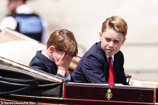 Louis covered his face as he and older brother, Prince George, arrived at Buckingam Palace after Trooping the Colour ceremony in London on the occasion of their grandfather, King Charles' official birthday