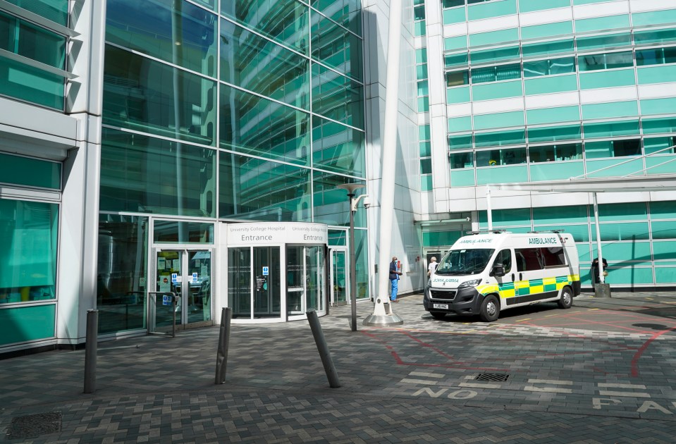 Ambulance parked outside University College Hospital entrance.