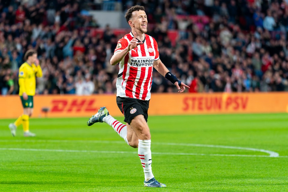 Ivan Perisic of PSV Eindhoven celebrating a goal.