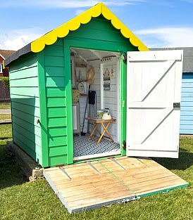 This bright green hut is across the road from Felpham Beach in West Sussex. It has a deck for seating. £12,950. Bognor Regis: maysagents.co.uk