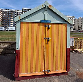 This multi-coloured beach hut, while not directly on the beach, faces the sea in Hove, East Sussex. £25,000. Hove: callawaysestateagents.co.uk
