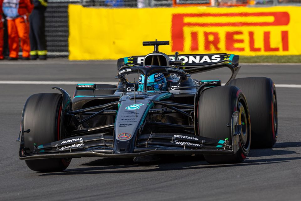 George Russell driving a Mercedes-AMG Petronas F1 Team car.