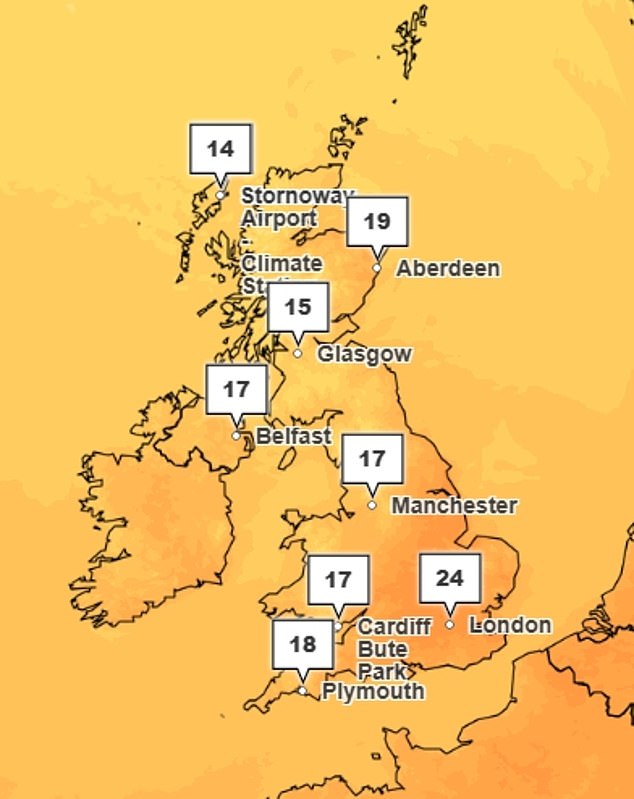 The south and east of the country will bake in temperatures in the early 20s on Sunday with slightly lower numbers seen elsewhere