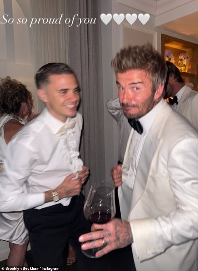 While Romeo (pictured) shared a tribute to congratulate the former footballer, aspiring chef Brooklyn uploaded a photo of food to his Instagram Story