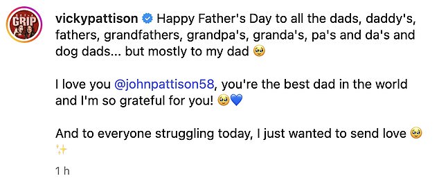 Vicky posted a picture of her father and commented: 'Happy Father's Day to all the dads, daddy's, fathers, grandfathers, grandpa's, granda's, pa's and da's and dog dads... but mostly to my dad'