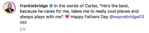 Former Saturdays singer Frankie posted pictures of husband Wayne and their two sons alongside a message one of their boys said