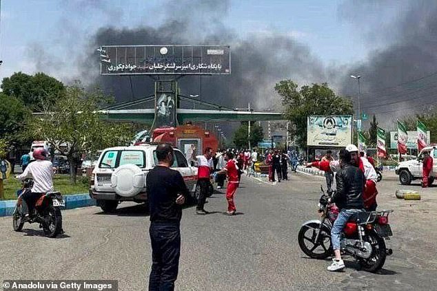 Smoke rises as Israel targets the Shahid Fakouri Military Airbase in Tabriz, Iran, on June 15, 2025. Iranian Red Crescent and civil defense teams were dispatched to the area following the attack