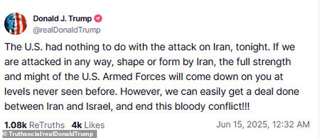 Trump Truth Social post warning Iran on June 15th, 2025, made mere hours after displays of America's military might rolled down Constitution Avenue and flew over a crowd in Washington, D.C. during Saturday's parade to commemorate 250 years of the United States Army