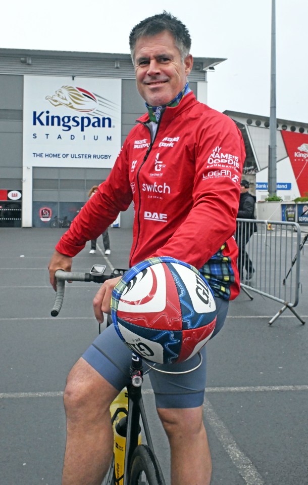 Alan Lewis - PhotopressBelfast.co.uk             15-6-2025<br />
                                         FREE TO USE</p>
<p>Kenny Logan at the start line with the match ball on his bike parcel shelf.<br />
                                     MEDIA RELEASE</p>
<p>Ally McCoist and Kenny Logan begin 555-mile round Ireland cycle in memory of Doddie Weir<br />
 SCOTTISH rugby legend Kenny Logan has admitted training for his latest charity challenge was tougher than expected – but says he’s more determined than ever to complete the 555-mile Doddie’5 Lions Challenge in memory of his late friend and former teammate, Doddie Weir OBE.</p>
<p>The cyclists set off from Belfast this morning (Sunday 15 June), with Logan leading a team of celebrities, former internationals and fundraisers on a gruelling six-day ride around Ireland. They’ll cover up to 100 miles a day, passing through some of the island’s most iconic rugby heartlands.</p>
<p>Joining him on the road are his wife, broadcaster Gabby Logan; football legend Ally McCoist; ex-England and Wasps international Will Green; actor Jamie Bamber; former Harlequins player Mel Deane; and world-renowned cancer campaigner Iain Ward – widely known as the ‘King of Chemo’.</p>
<p>Also supporting the effort is Doddie’s son, Hamish Weir, who was originally set to cycle but is now driving a support vehicle after sustaining an injury during a recent rugby sevens tournament.</p>
<p>Other notable absences from the original line-up include former Scotland stars Bryan Redpath and Hugo Southwell, and former Ireland and Lions centre Rob Henderson – each ruled out through injury, a clear sign of the challenge’s physical demands.</p>
<p>The ride will culminate in Dublin on 20 June, where the team will deliver the match ball to the Aviva Stadium ahead of the British & Irish Lions’ 1888 Cup clash with Argentina – the first time the two sides have ever met.</p>
<p>Logan, speaking ahead of the start, said: “We’ve lost a few to injury, and it