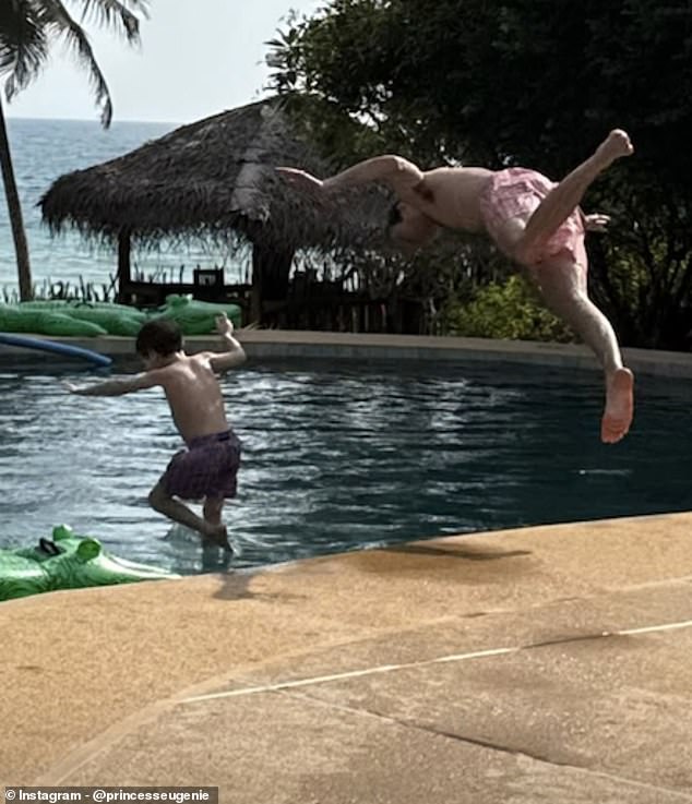 FAMILY FUN: Another one of the images shared by Princess Eugenie showed her husband playing in a swimming pool with one of their sons