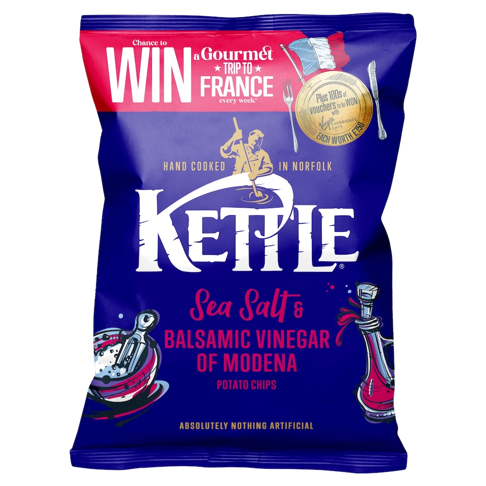 Kettle Sea Salt & Balsamic Vinegar of Modena potato chips bag.