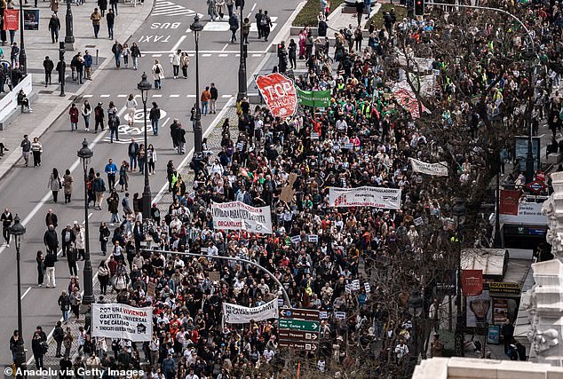 An aerial view of people gathering to protest soaring housing prices as part of a nationwide demonstration organized by tenant unions under the slogan "End the Housing Business" in Madrid, Spain on April 05, 2025