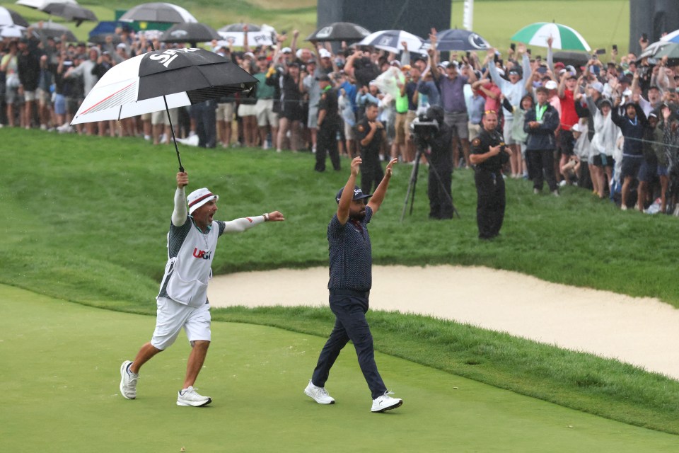 JJ Spaun celebrates winning the U.S. Open golf tournament.