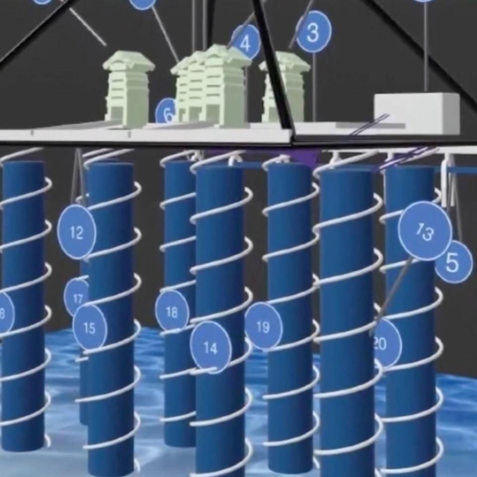 Illustration of a numbered floating structure with helical piles.
