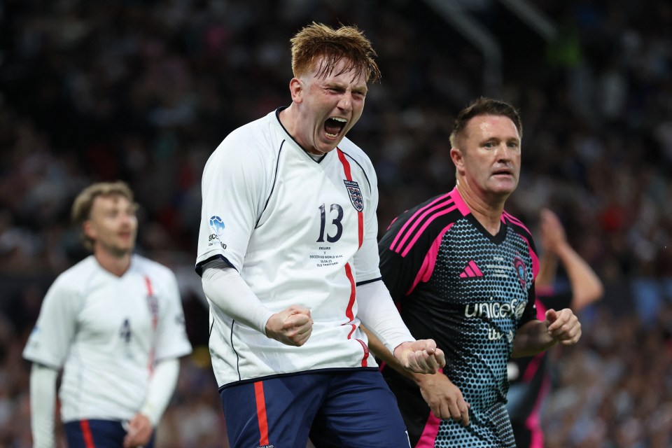 Morgan Burtwistle, known as Angry Ginge, celebrating during a Soccer Aid for Unicef match.