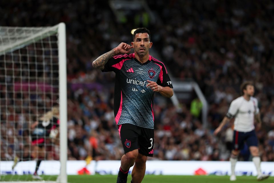 Carlos Tevez of Soccer Aid World XI celebrating a goal.