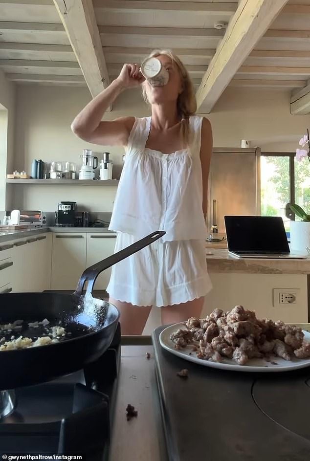 In another part of the video she has the sleeveless top to the pajamas on as she chugs her coffee to get started cooking
