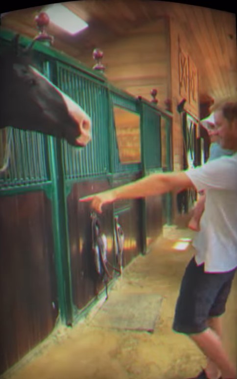 Man interacting with a horse in a stable.