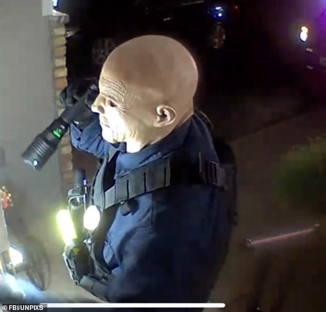 Chilling photos showed the suspect donning an unsettling costume mask covering his entire head during the shootings