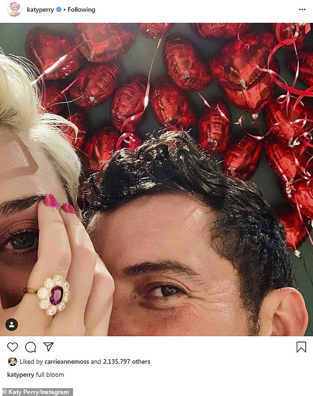 Soon after, the pair announced their engagement on Instagram with a picture showing Katy's giant rock and her fiancé underneath a canopy of red heart balloons
