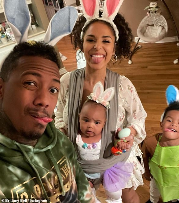 Nick and Phoenix Suns dancer Brittany Bell have sons Golden, five, Rise Messiah, born September 23, 2022, and daughter Powerful Queen, two , together. They are pictured here in 2021