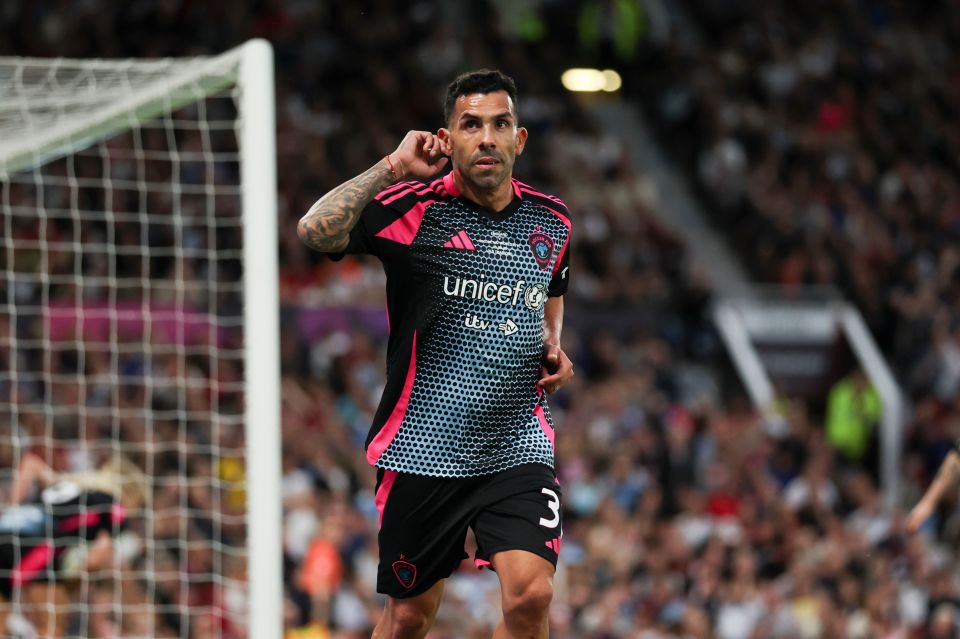 Carlos Tevez of Soccer Aid World XI celebrating a goal.