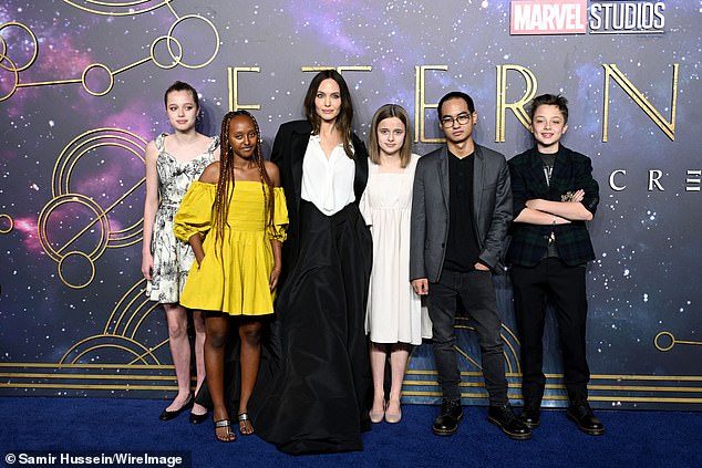 Shiloh, Zahara, Vivienna, Maddox, and Knox with their mother at The Eternals premiere in 2021