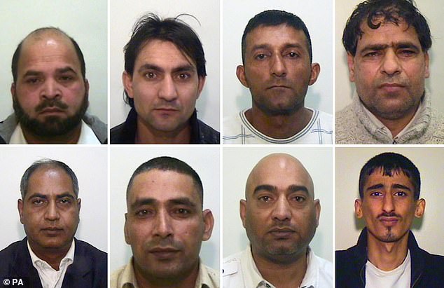 Clockwise from top left are Abdul Rauf, Hamid Safi, Mohammed Sajid, Abdul Aziz, Kabeer Hassan, Mohammed Amin, Adil Khan and Abdul Qayyum. The men from Rochdale and Oldham were jailed in 2012 for exploiting girls as young as 13