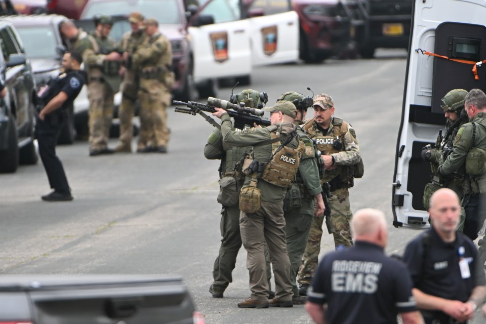 Police officers with rifles searching for a suspect.
