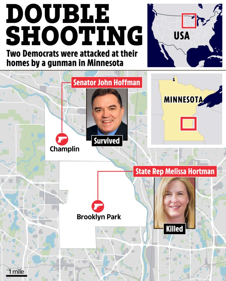 Illustration of Minnesota map showing locations of shooting attacks on two Democrats, one survived and one killed.