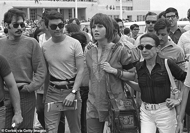 Jane Fonda pictured attending an anti-war demonstration at the University of New Mexico following the May 1970 shooting of four students