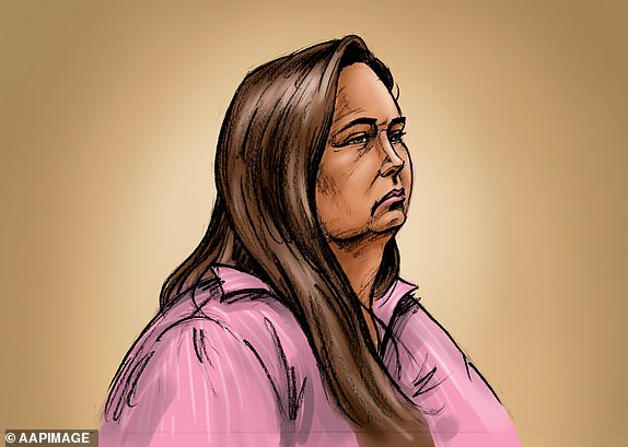 A court sketch shows Erin Patterson at the Latrobe Valley Magistrates Court in Morwell, Victoria, Tuesday, April 29, 2025. (AAP Image/Paul Tyquin) NO ARCHIVING