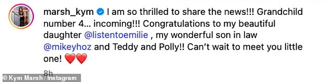 She wrote: 'I am so thrilled to share the news!!! Grandchild number 4¿ incoming!!! Congratulations to my beautiful daughter @listentoemilie'