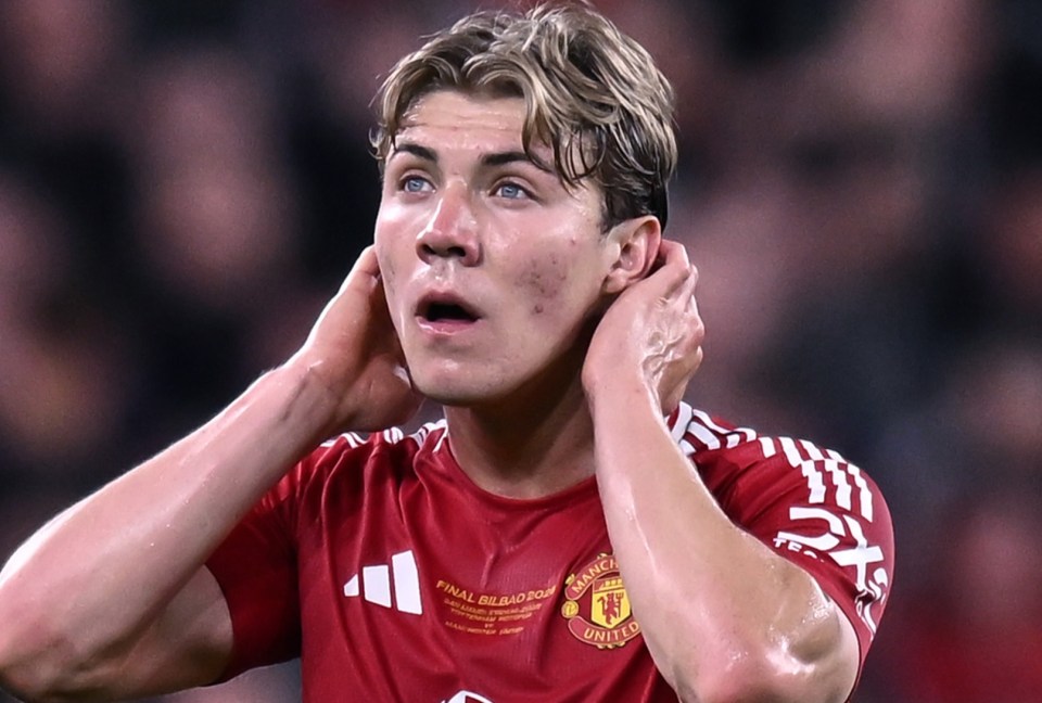 Rasmus Højlund of Manchester United looking disappointed during a soccer match.