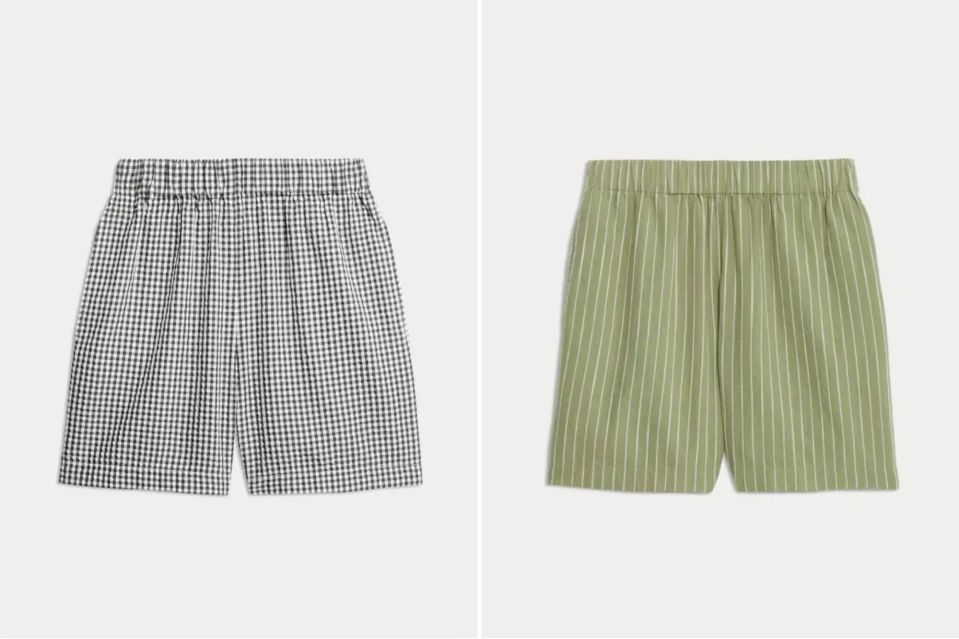 An image collage containing 2 images, Image 1 shows Black and white gingham pull-on shorts, Image 2 shows Green striped pull-on shorts