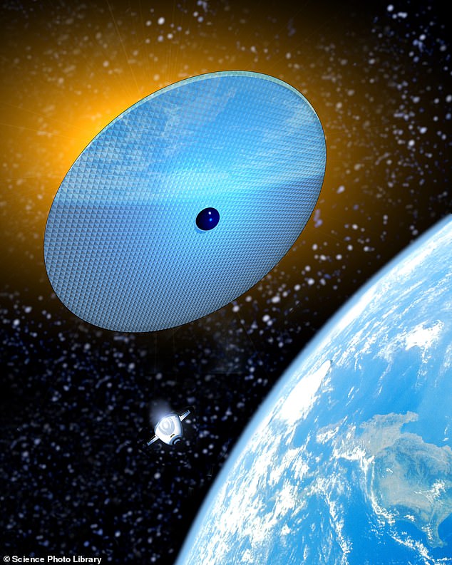 Most, though not all, methods of solar radiation modification involve shooting reflective aerosols into the atmosphere (CG image of a mirror orbiting the Earth)