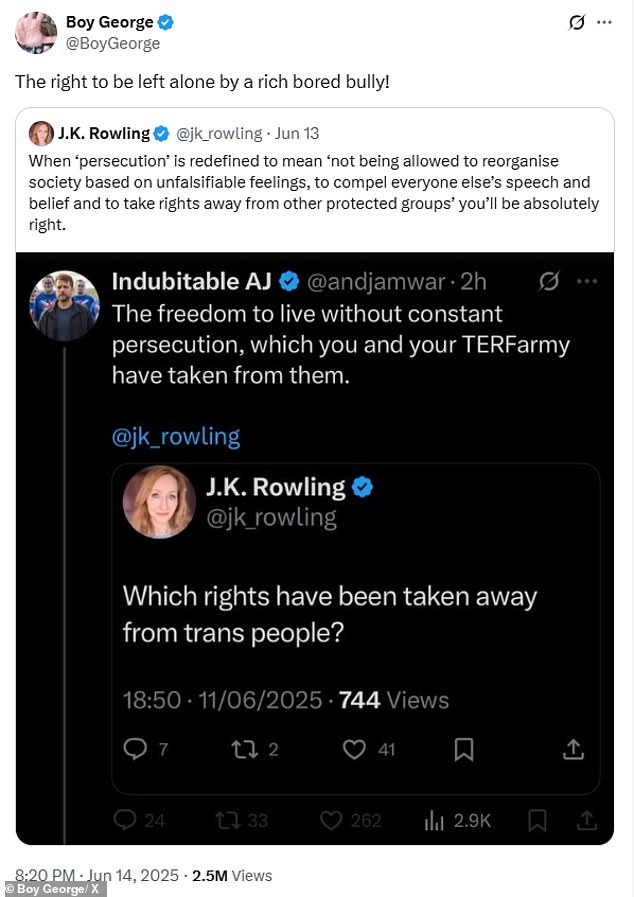 The trans rights row between JK Rowling and Boy George escalated yesterday when the author mentioned the Culture Club's conviction