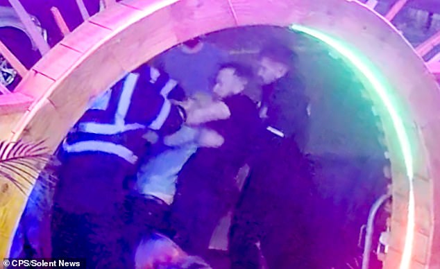 The officer then shoves Mr Pottow who retaliates but is quickly swarmed by the door staff before being strangled by McWalter
