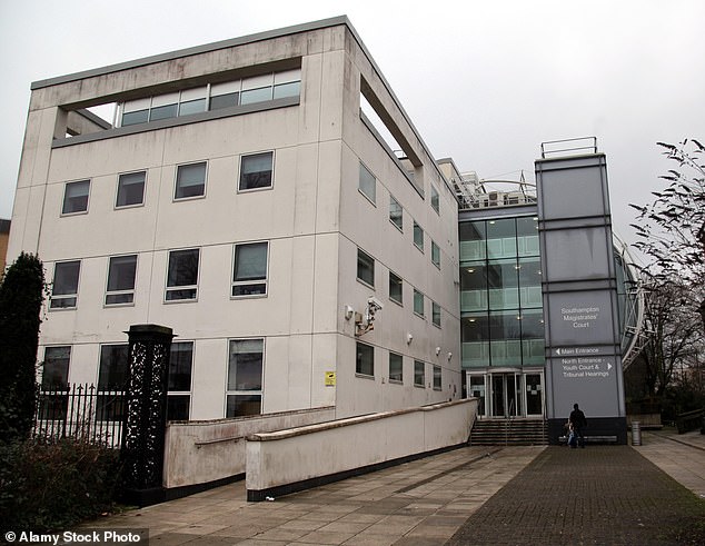 The officer, who was off-duty at the time, last month pleaded guilty to a charge of intentional strangulation at Southampton Magistrates' Court (above)