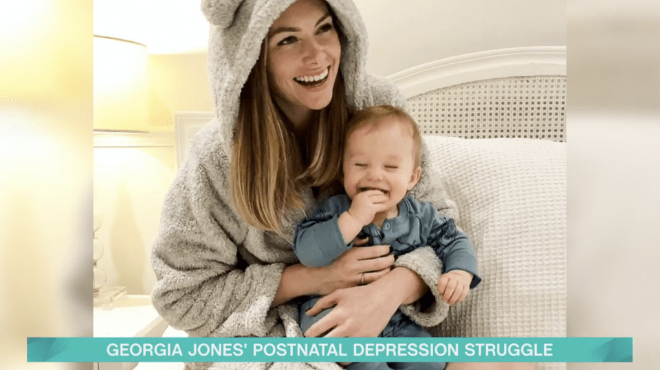Georgia Jones holding her baby, discussing postnatal depression.