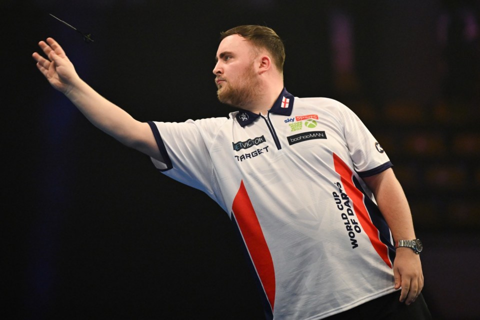 FRANKFURT AM MAIN, GERMANY - JUNE 14: Luke Littler of England in action during his Second Round Match against Germany during day three of BetVictor World Cup of Darts 2025 at Eissporthalle Frankfurt on June 14, 2025 in Frankfurt am Main, Germany. (Photo by Florian Wiegand/Getty Images)