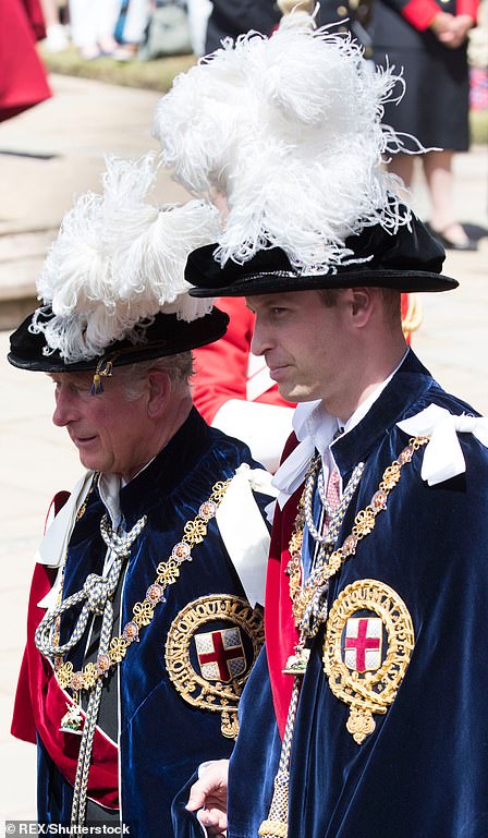 Prince Charles, left, is an automatic member of the Order, while Prince William, right, is a Royal Knight, which is an 'extra' title under the order that is reserved for members of the Royal Family and does not count towards the limit