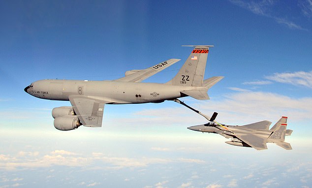 At least 28 tankers including the KC-135R Stratotanker (pictured) and KC-46 Pegasus were sent from military bases across the US on Sunday evening