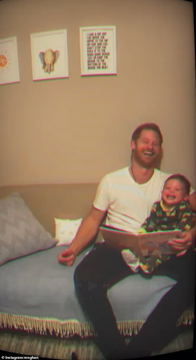 Harry is seen laughing with his son Archie as he reads him a bedtime story