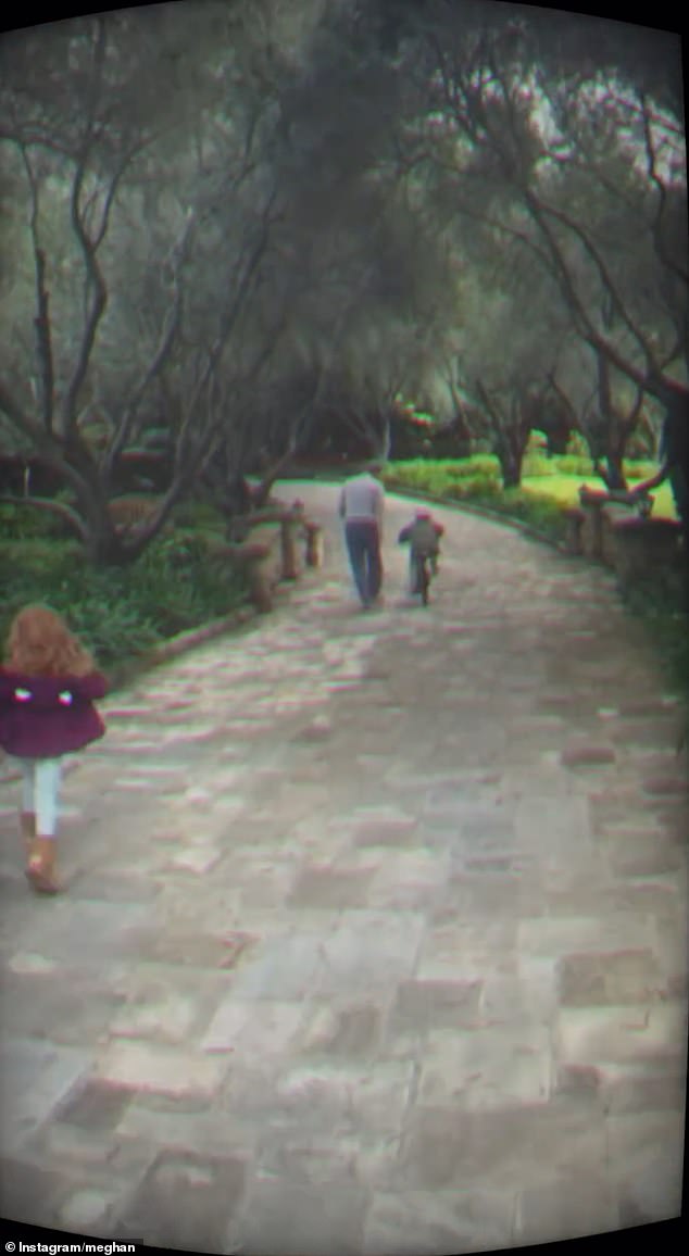 Harry is seen teaching Archie how to ride a bike as Lilibet chases behind them