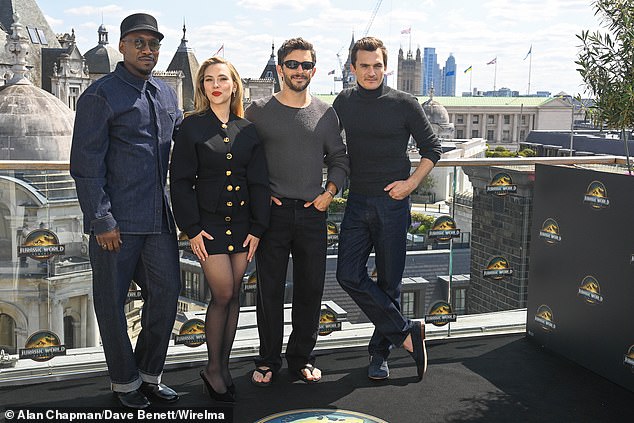 The Black Widow legend was joined by fellow stars (L-R) Mahershala Ali, Jonathan Bailey and Rupert Friend