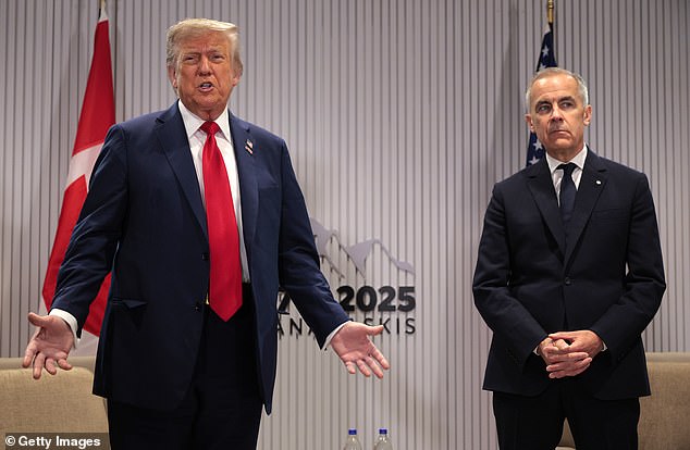 Body language expert Judi James told the Daily Mail that President Donald Trump's (left) 'torso is puffed' as he is in 'fully pumped-up, grandiose global alpha leader here,' during his bilateral meeting with Canadian Prime Minister Mark Carney (right)