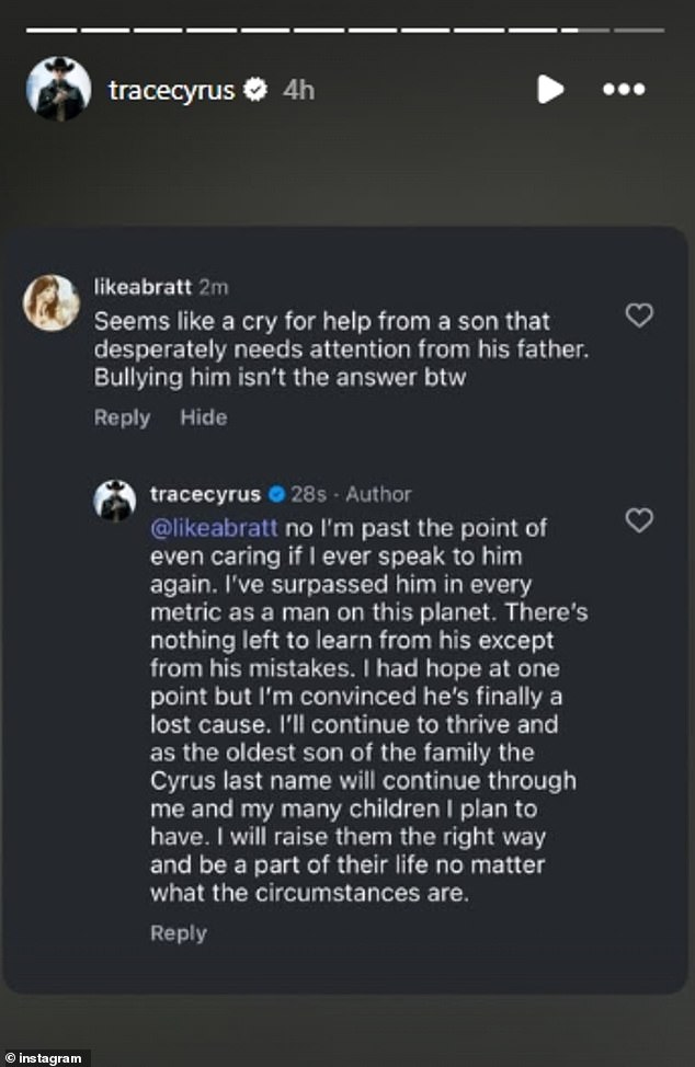The comments on the Instagram post have since seemingly been disabled, but the singer screenshot one as well as his response beforehand