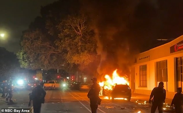 A police union representative said the destruction on Sunday morning was 'symbolic of the mayhem that residents are experiencing' in the California city