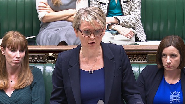 The Home Secretary (pictured) promised to tighten the law on rape yesterday to stop grooming gang cases being dropped or downgraded to lesser charges if the child victim is perceived to be 'in love' with their adult attacker